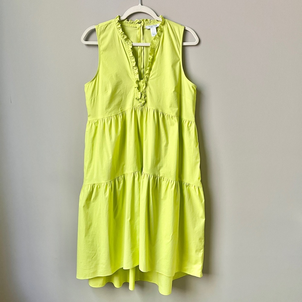 London Times Dress Women's 8 Lime Green Midi Tiered Ruffle Coastal Feminine
